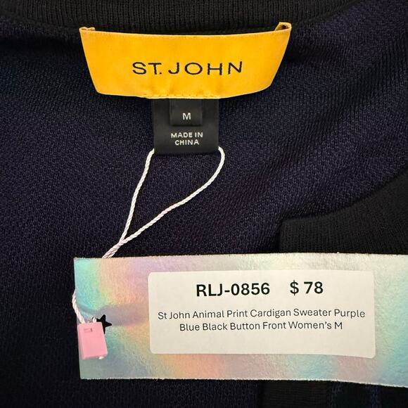 St John Animal Print Cardigan Sweater Purple Blue Black Button Front Women’s M - Picture 8 of 10